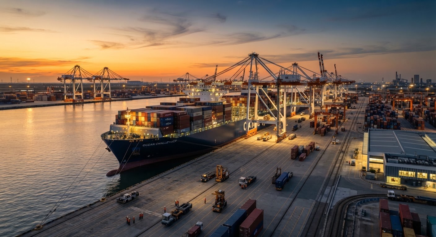 Container port operations with cranes loading a vessel
