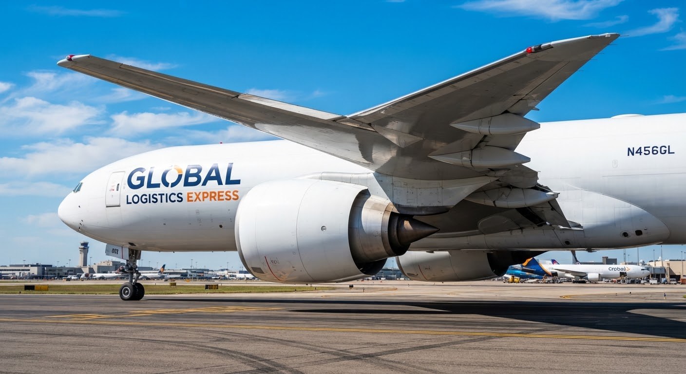 Cargo airplane wing and engine on a bright runway