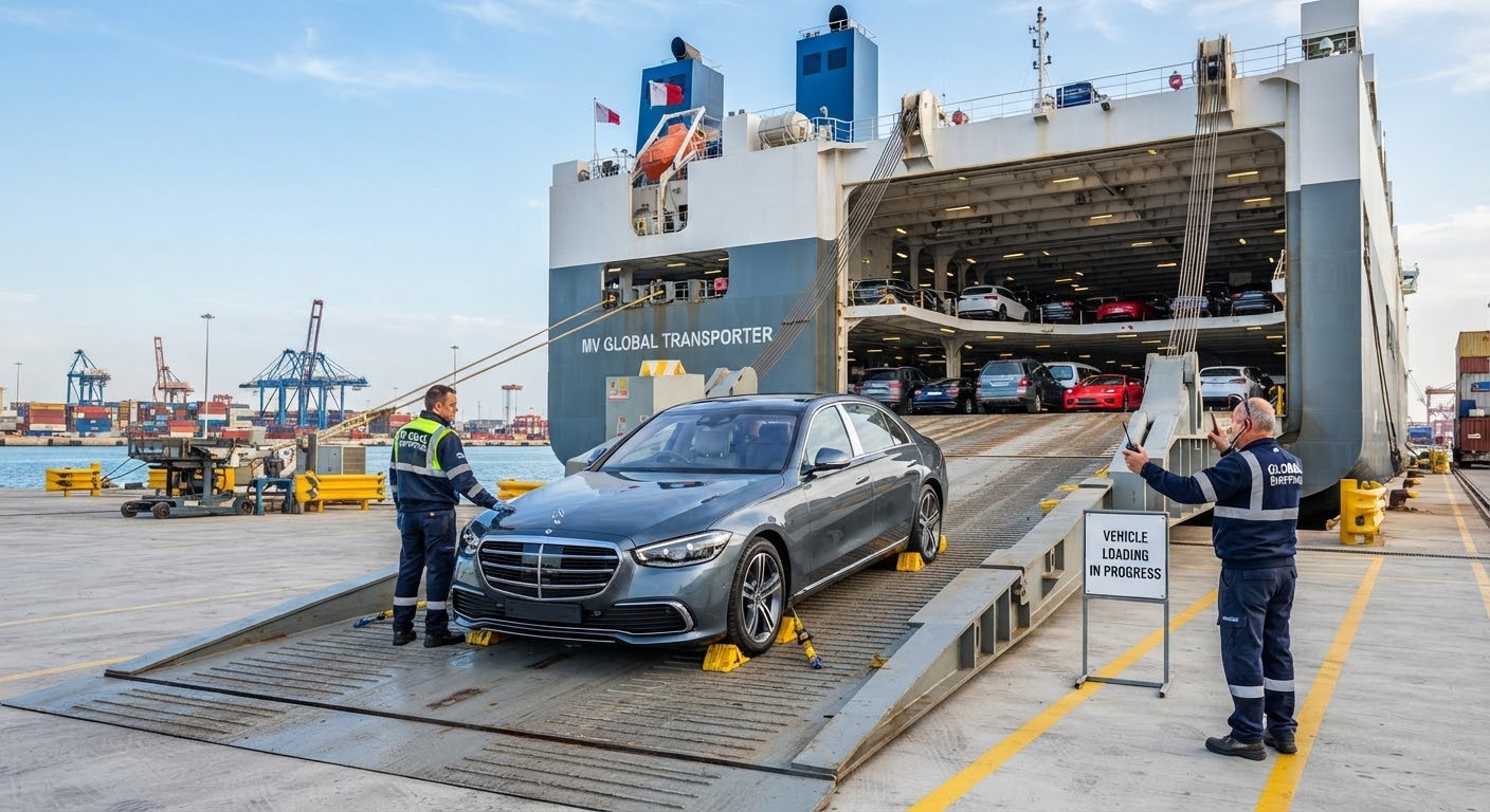 Sedan being loaded onto a vehicle carrier ship