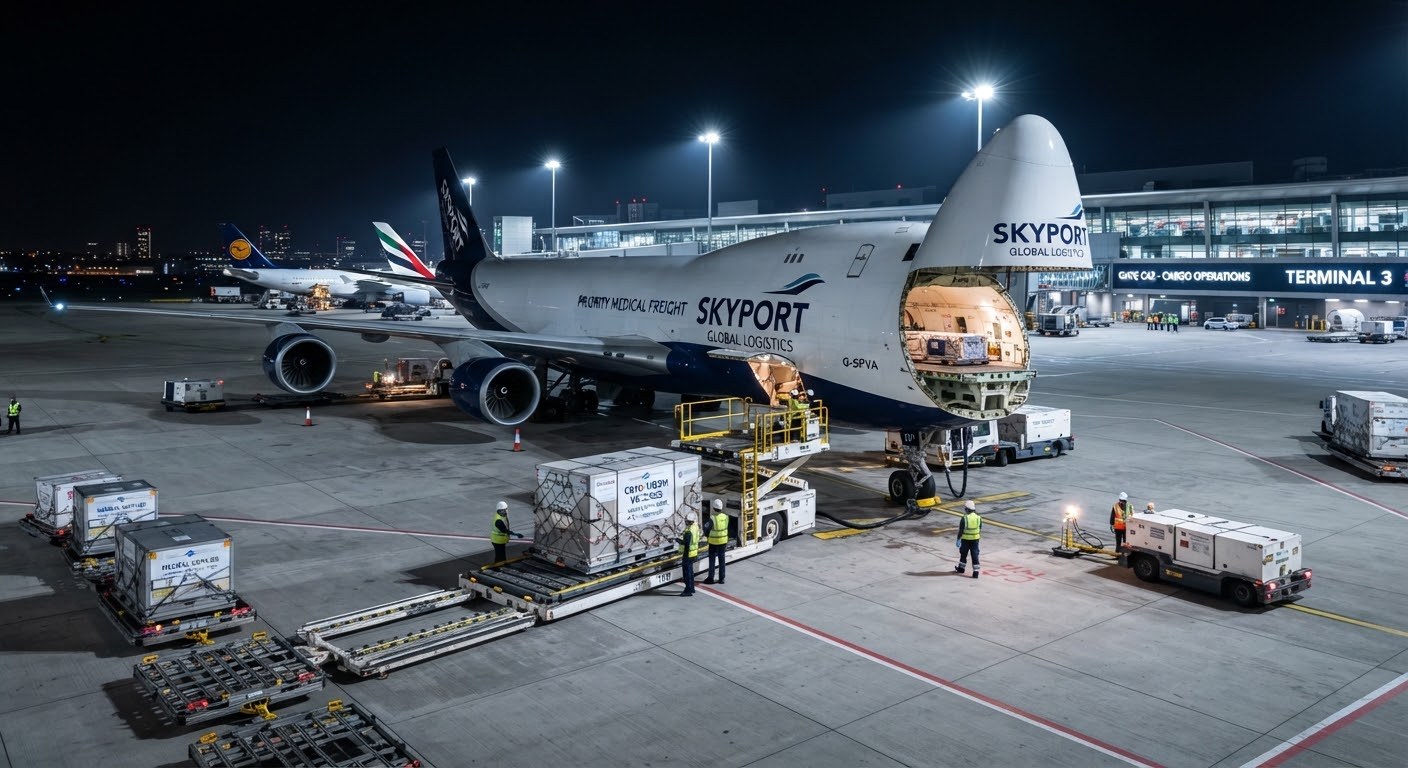 Cargo aircraft loading at night