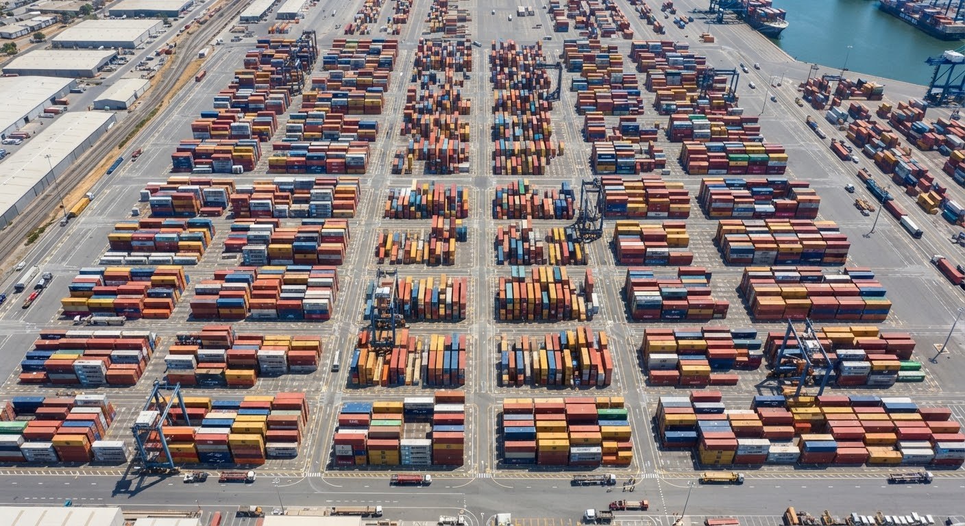 Top-down view of stacked shipping containers